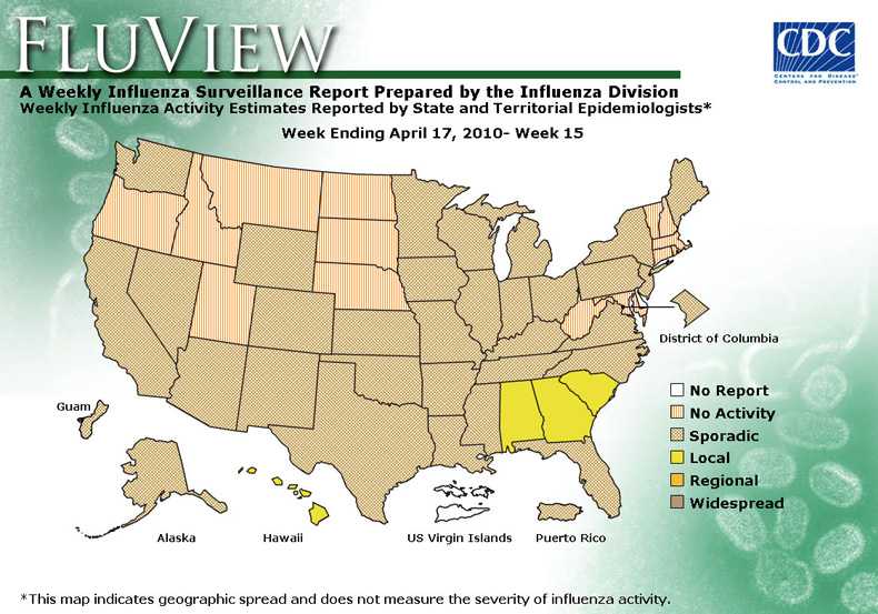 FluView, Week Ending April 10, 2010. Weekly Influenza Surveillance Report Prepared by the Influenza Division. Weekly Influenza Activity Estimate Reported by State and Territorial Epidemiologists. Select this link for more detailed data.