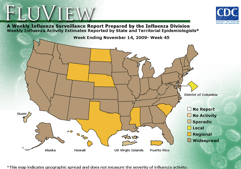 FluView, Week Ending November 7, 2009. Weekly Influenza Surveillance Report Prepared by the Influenza Division. Weekly Influenza Activity Estimate Reported by State and Territorial Epidemiologists. Select this link for more detailed data.