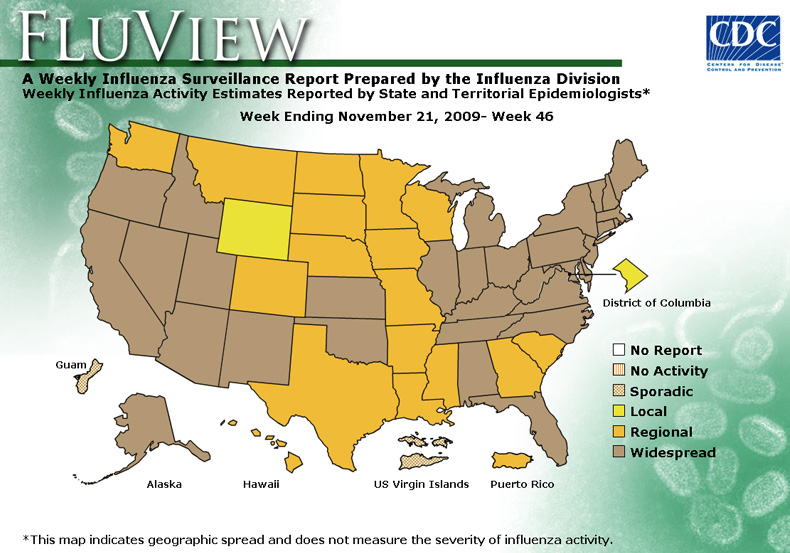 FluView, Week Ending November 21, 2009. Weekly Influenza Surveillance Report Prepared by the Influenza Division. Weekly Influenza Activity Estimate Reported by State and Territorial Epidemiologists. Select this link for more detailed data.