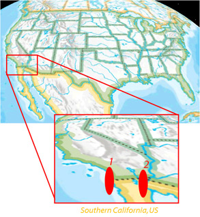 Image of a United States map with a red box drawn around the area of southern California. Red lines drawn from the red box to another larger red box indicate the area is being shown in greater detail in the second box.  Inside the second box, there are two red dots numbered 1 and 2, indicating the two locations in southern California where novel swine influenza was initially detected.