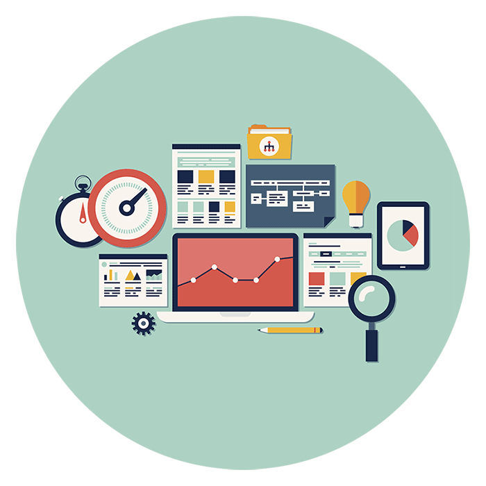 Graphic of a laptop, tablet, data reports, and magnifying glass