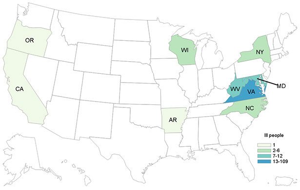 Map of the United States showing case count per state.