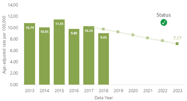 Bar chart for years 2013-2023, charting age-adjusted rate per 100,000, starting at 10.79 in 2013, declining to 9.05 by 2018, and then projected downward to 7.17 by 2023.