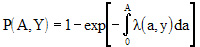 equation: The disease prevalence at age A during survey year Y is 1 minus the exponential function of the cumulative force of infection. The cumulative force of infection function %26#61516;(A,Y), is calculated as the definite integral of the force of infection, having a lower limit of 0 and an upper limit Age = A.