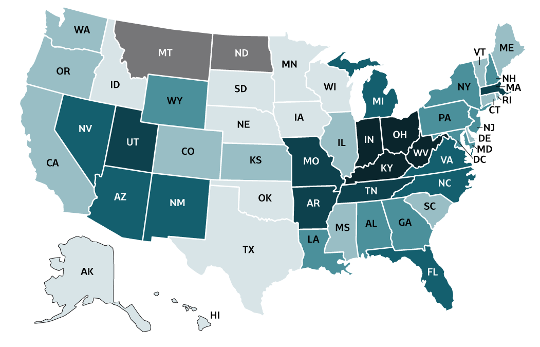 Figure 1.3.   This map displays rates of reported hepatitis A by state or jurisdiction for 2018. States are grouped and shaded based on hepatitis A rates (cases per 100,000 population). States with no reported cases are grouped separately.