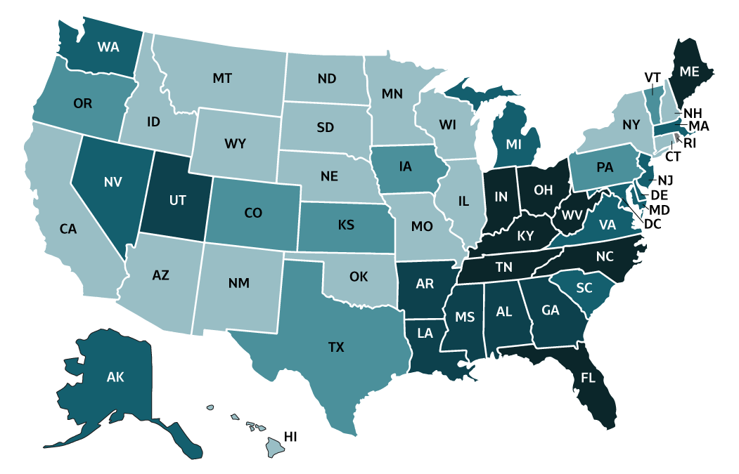 Figure 2.3. This map displays rates of acute hepatitis B by state or jurisdiction for 2018. States are grouped and shaded based on acute hepatitis B rates (cases per 100,000/population).  States with no reported cases are grouped separately.