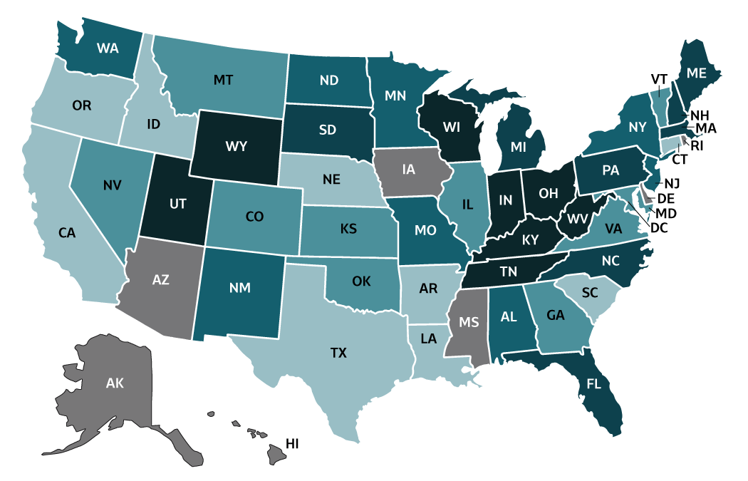 Figure 3.3. This map displays rates of acute hepatitis C by state or jurisdiction for 2018. States are grouped and shaded based on acute hepatitis C rates (cases per 100,000 per population).  States for which there were no data on acute hepatitis C cases are grouped separately.