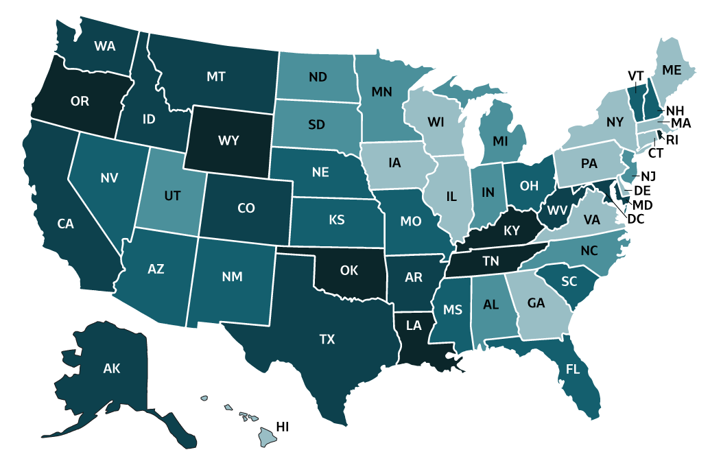 Figure 3.9. The map shows rate of deaths with hepatitis C listed as a cause of death by states in 2018. States are grouped and shaded based on reported rate of deaths per 100,000population.  States with unreliable data are grouped separately.