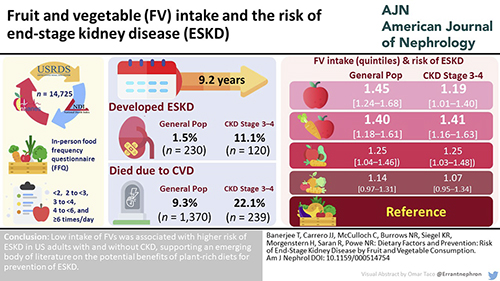 Visual abstract of the paper published by the American Journal of Nephrology showing lower intake of fruits and vegetables was associated with a higher risk of kidney failure.