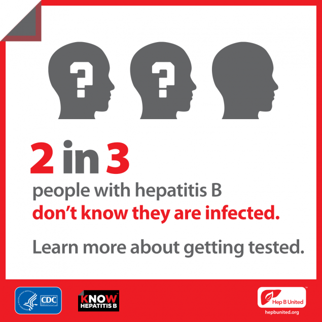 2 in 3 people with hepatitis B don't know they are infected. Learn more about getting tested.