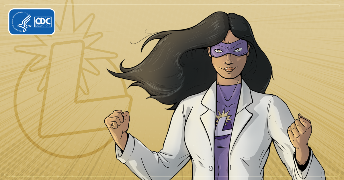 An animated image of a woman with long, dark hair wearing a purple mask, purple shirt, and white lab coat on a yellow background