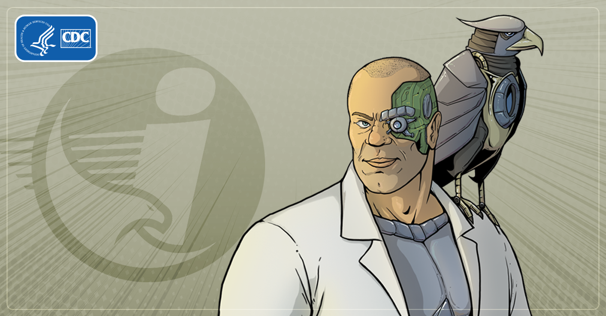 Artwork of male superhero with a mechanical eye wearing a lab coat. An eagle sits on right shoulder.