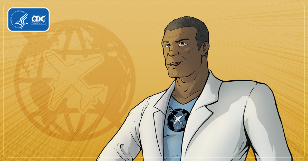 An animated image of male wearing a blue shirt with a white lab coat on a yellow background