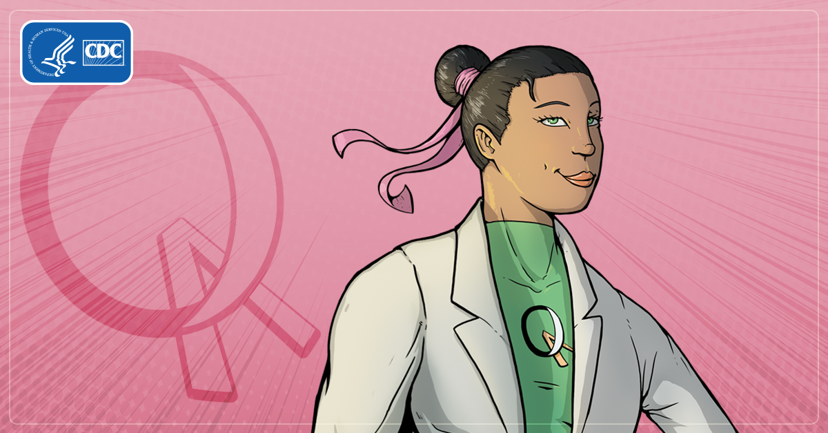 Artwork of female superhero wearing a lab coat and the letter "Q" on shirt.