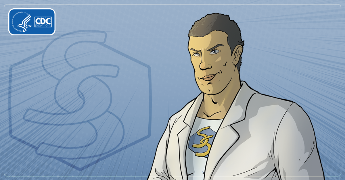 Artwork of male superhero wearing a lab coat and two "S" letters on shirt.