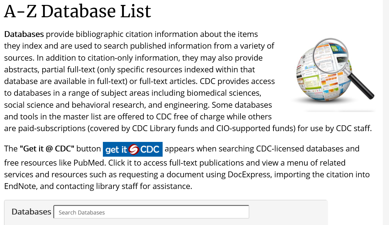 The CDC Library's list of databases that is searchable.