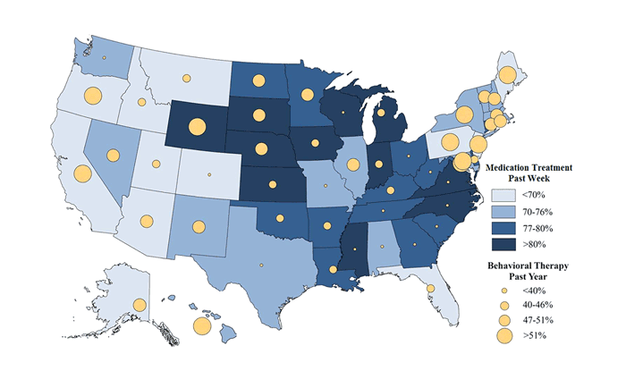 Map showing: Use of ADHD medication and behavioral therapy among children with ADHD (ages 4-17) with special health care needs