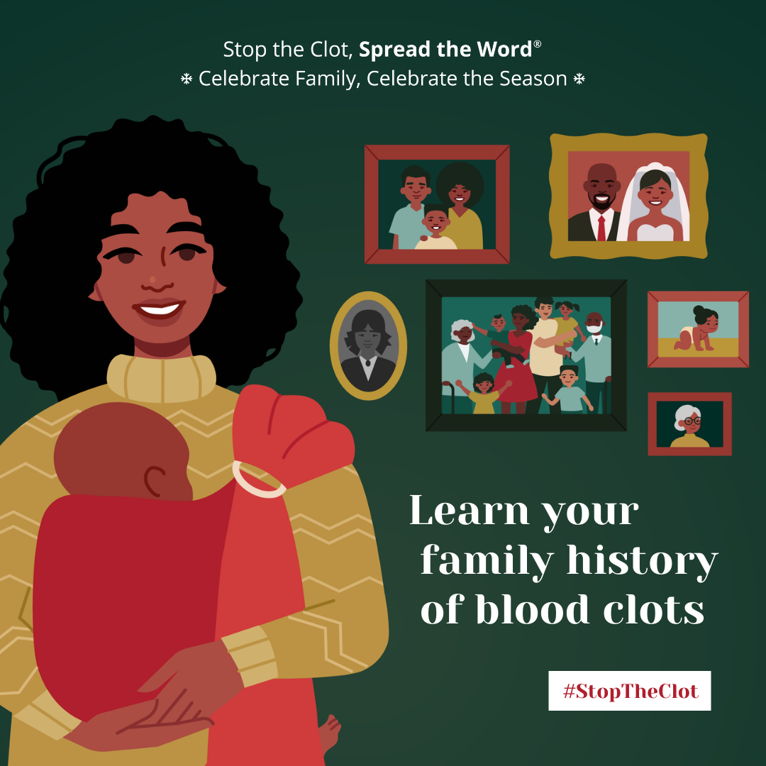 Illustration of a new mom in front of photos of her family. Learn your family history of blood clots. hashtag stop the clot.