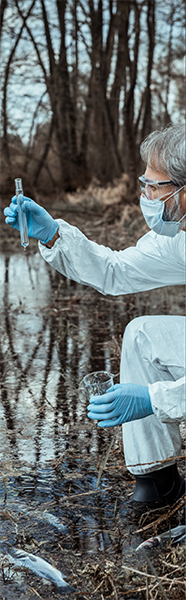 A scientist testing dirty water at a lake