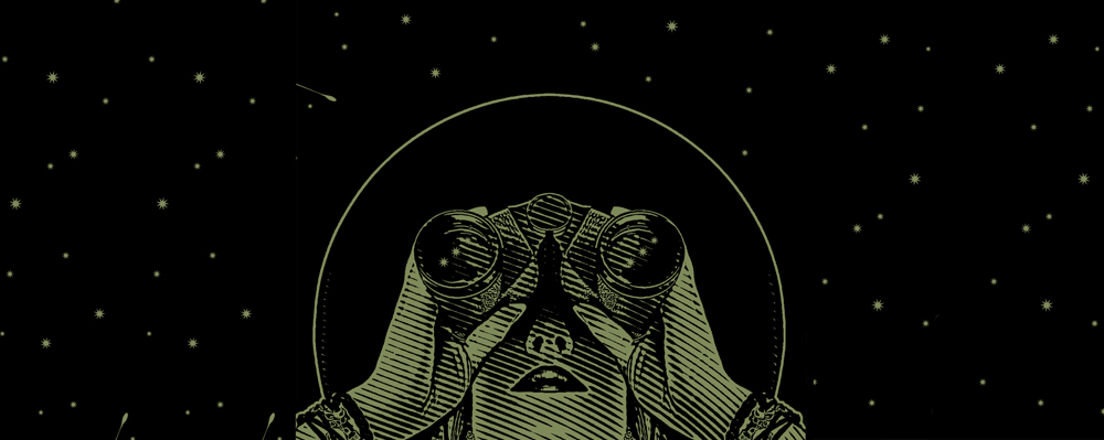 An illustration of a woman holding binoculars and looking into the stars