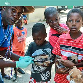 A group of boys and a man holding puppies.