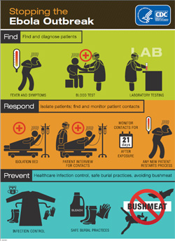 Infographic showing the three main steps to Stop the Ebola outbreak : Find and diagnose patients, Isolate patients, Infection Control.