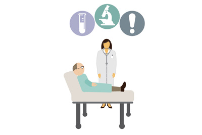 Vector style image of man in hospital bed with a doctor standing by. Above three circles with a vial, microscope and exclaimation point. Representing the concept of combating antibiotic resistance