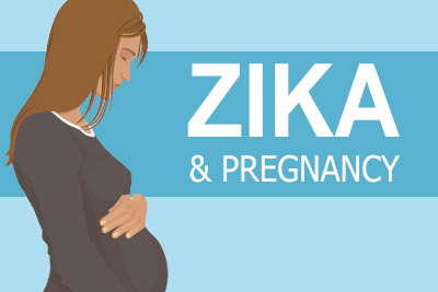 Image of illustrated woman with hand over her belly and the words - Zika %26 pregnancy