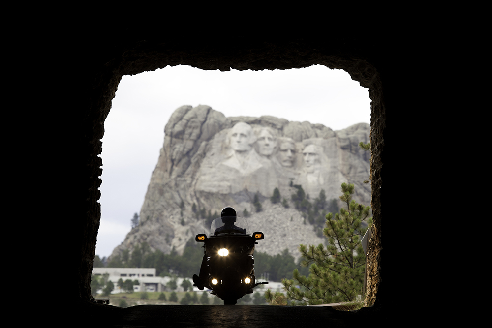 Tunnel View of Mt. Rushmore with a motorcycle