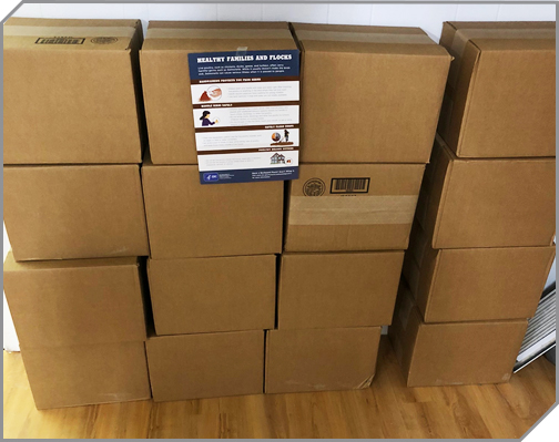 Pile of boxes with a handout taped to them - the Healthy Families and Flocks pdf from CDC