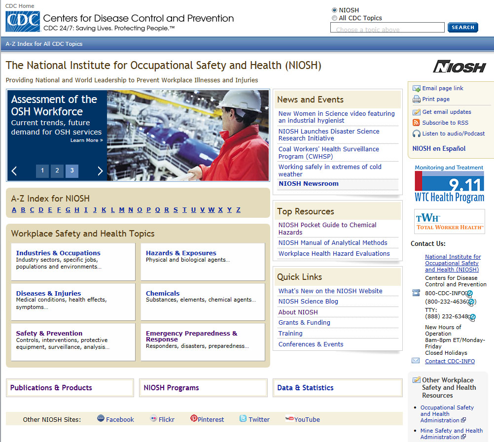 screenshot of NIOSH homepage in 2014