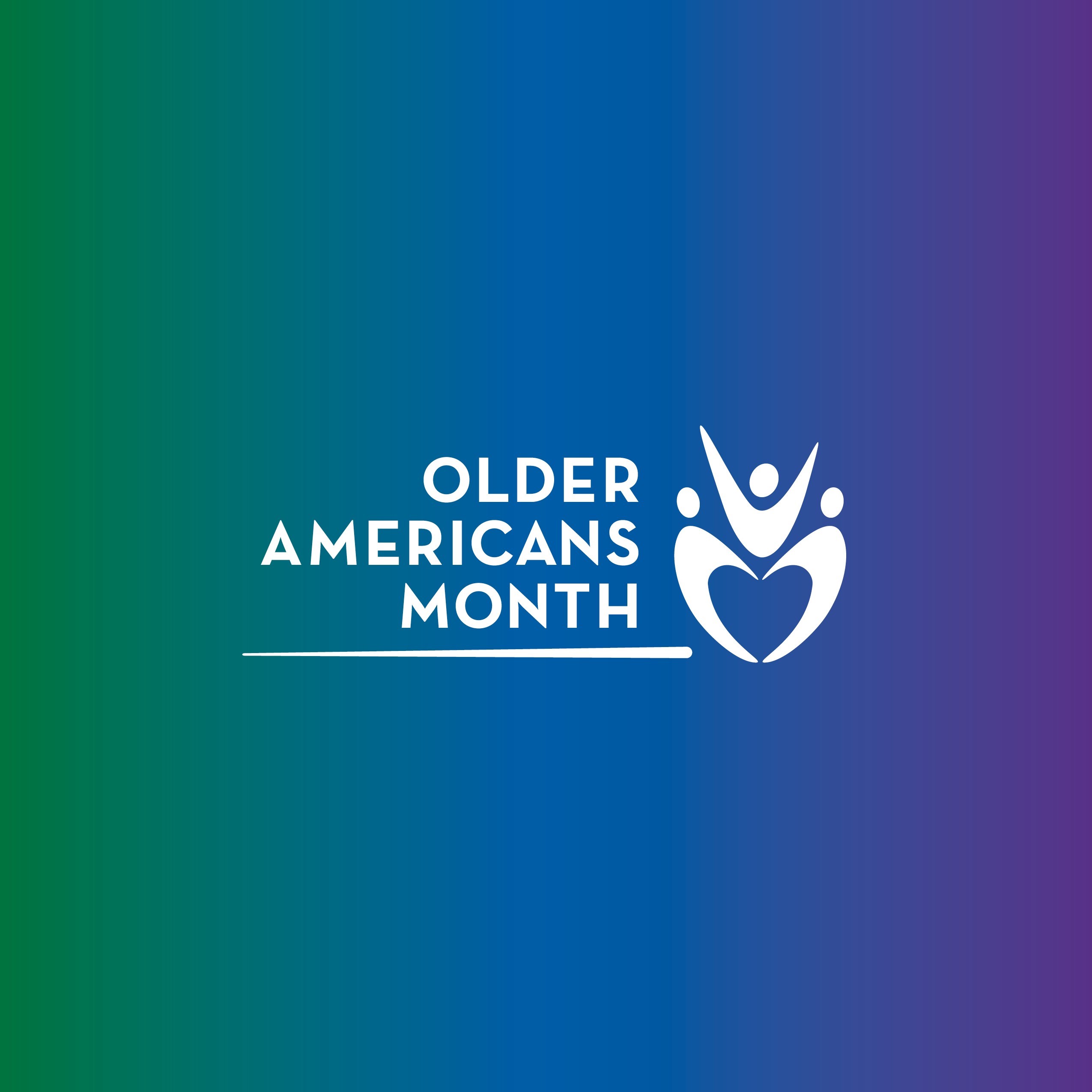 Older Americans Month logo with a green, blue, and purple gradient behind the words and an abstract graphic of a person with their hands above their head.