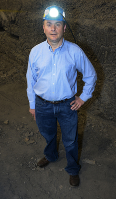 • OMSHR researcher John Sammarco in the simulated mining environment where he tests the NIOSH LED cap lamp.