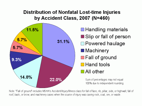 Chart of the distribution of nonfatal lost-time injuries by accident class, 2007 (see data table below)