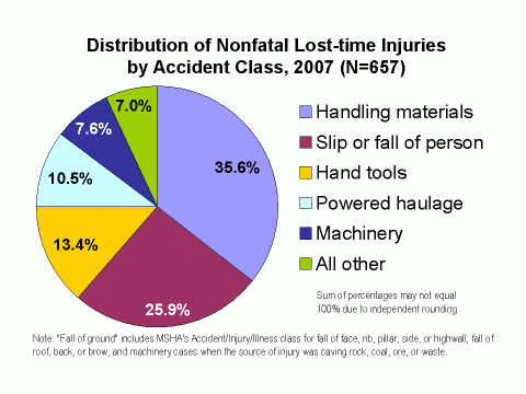 Chart of the distribution of nonfatal lost-time injuries by accident class, 2007 (see data table below)