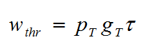 Equation B40 - The transmitter’s threshold energy wthr in microjoules equals the effective output power of the transmitter p sub T times the maximum far-field transmitter antenna gain g sub T times the transmitter’s pulse width tau in microseconds.