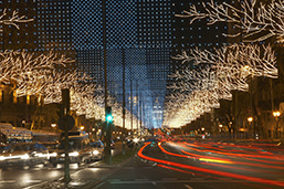 Traffic Light Trails on Decorated Street