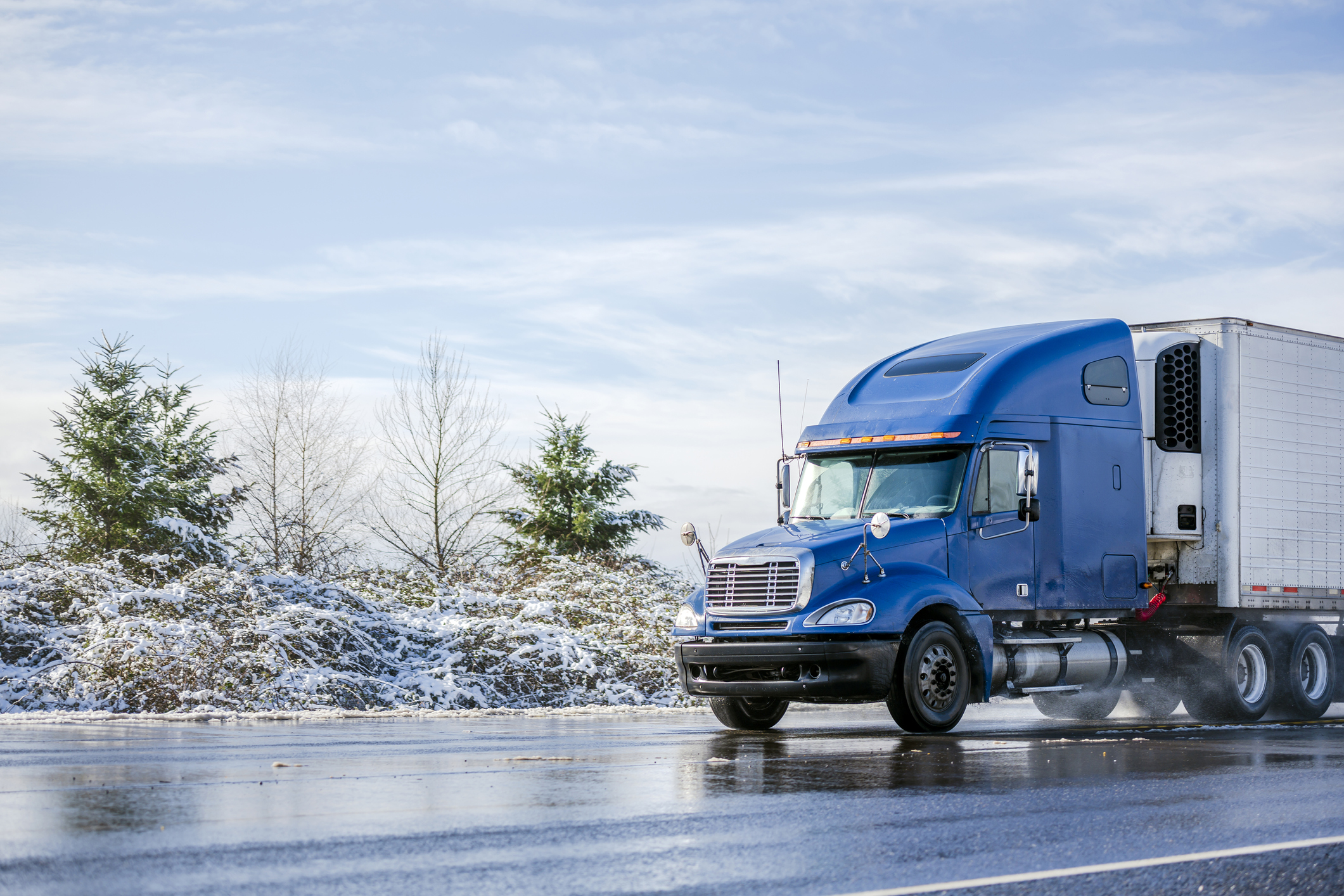 Big rig blue semi truck tractor transporting commercial cargo in refrigerator semi trailer going on the wet road with melting snow with winter snowy trees on the side