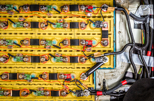 Image of rechargeable batteries for an electric car. Cobalt is used in the production of lithium batteries.