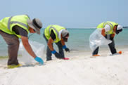 Cleanup workers picking up tar balls on a Florida beach