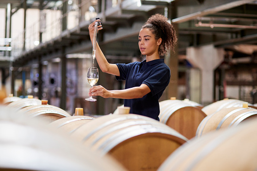 Young woman testing wine in a winery factory.