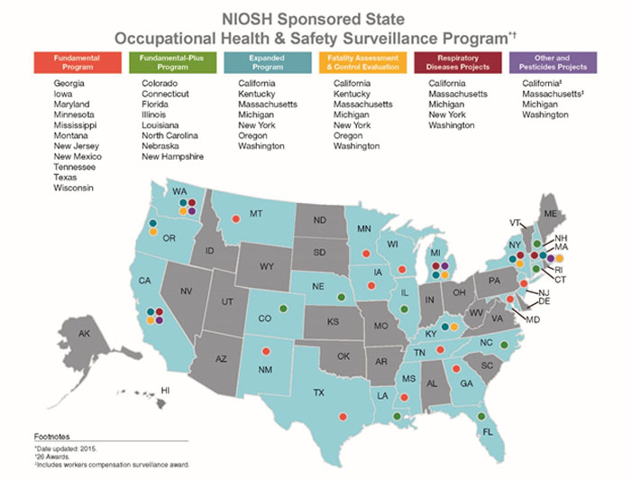 NIOSH Sponsored State Occupational Health and Safety Surveillance Program, Map of United States locations