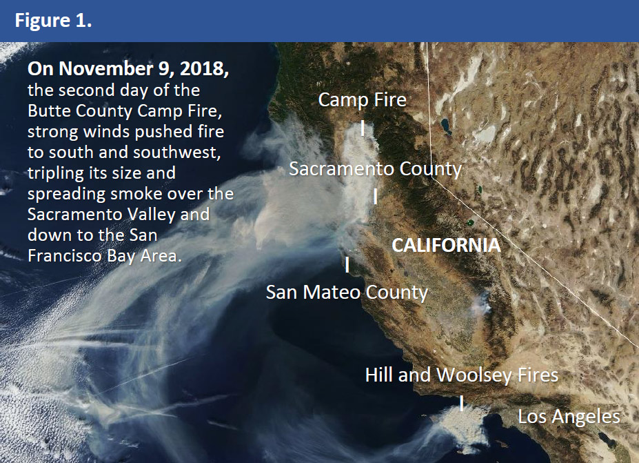 On November 9, 2018, the second day of the Butte County Camp Fire, strong winds pushed fire to the south and southwest, tripling its size and spreading smoke over the Sacramento Valley and down to the San Francisco Bay Area.