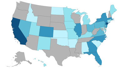 United States map depicting vaccine data