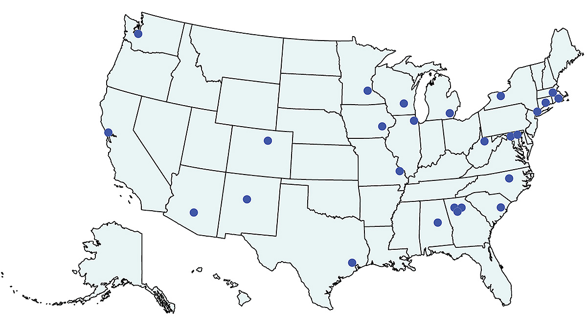 U.S. map showing Prevention Research Centers funded 2019&ndash; 2024.