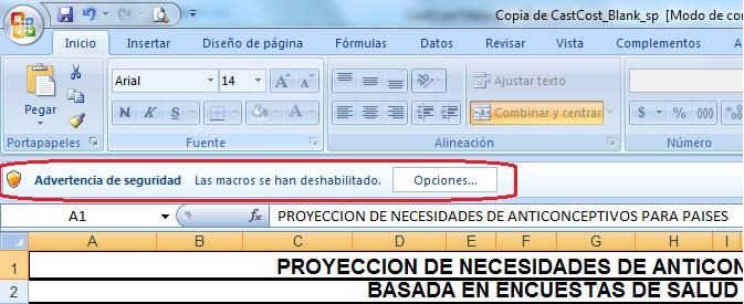 Esta pantalla muestra la advertencia de seguridad sobre macros que aparece cuando el usuario abre la hoja de c%26aacute;lculo CastCost en Excel 2007.