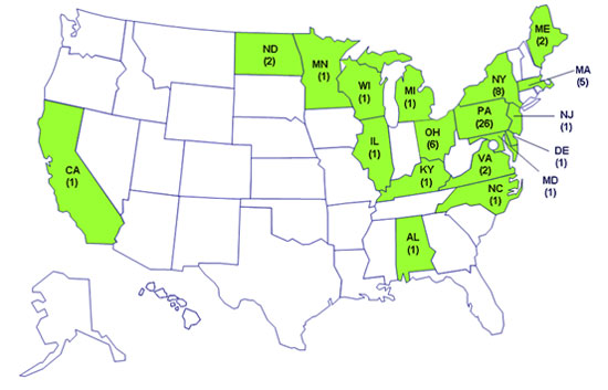 Map of persons infected with the outbreak strain of Salmonella Schwarzengrund, by state of residence, as of September 4, 2007 (n=62). As of September 4, 2007, 62 persons infected with the same strain of %26lt;em%26gt;Salmonella%26lt;/em%26gt; Schwarzengrund have been reported to CDC from 18 states: Pennsylvania (26 cases), New York (8 cases), Ohio (6 cases), Massachusetts (5 cases), Maine (2 cases), North Dakota (2 cases), Virginia (2 cases), Alabama (1 case), California (1 case), Delaware (1 case), Illinois (1 case), Kentucky (1 case), Maryland (1 case), Michigan (1 case), Minnesota (1 case), New Jersey (1 case), North Carolina (1 case), and Wisconsin (1 case).