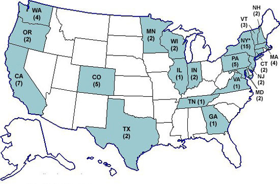 Map: Persons infected with the outbreak strain of Salmonella Wandsworth, by state of residence, as of July 18, 2007 (n=65)