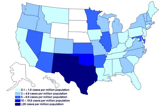 Map: Incidence of cases of infection with the outbreak strain of Salmonella Saintpaul, by state of residence, as of August 25, 2008