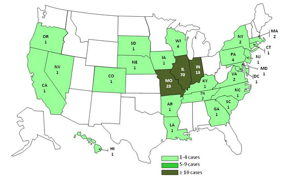 Final Case Count Map: Persons infected with the outbreak strain of Salmonella I4,[5],12:i:-, by state, as of February 9, 2011 (n=140)